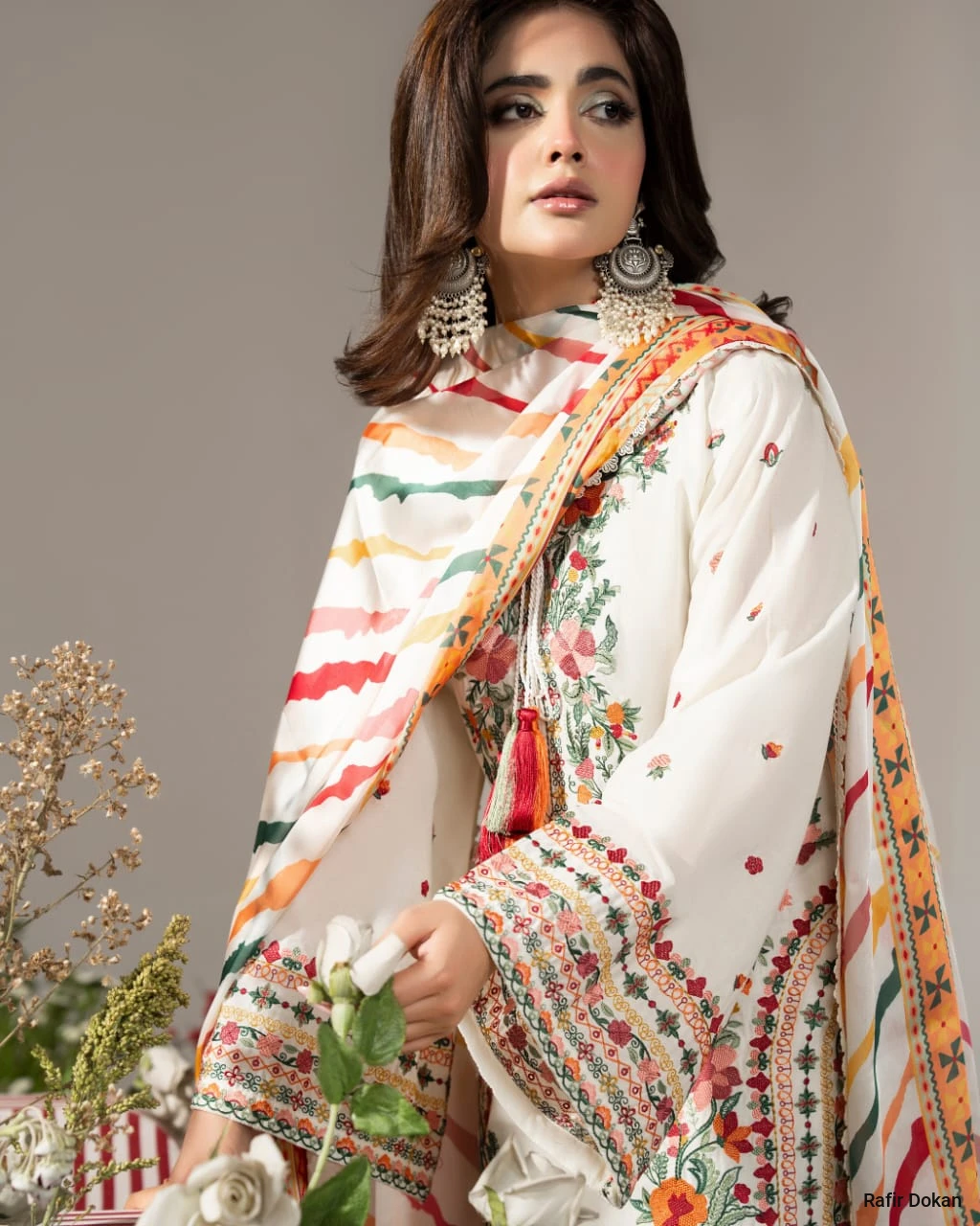 White Farsy Dress Premium Floral Embroidery Collection