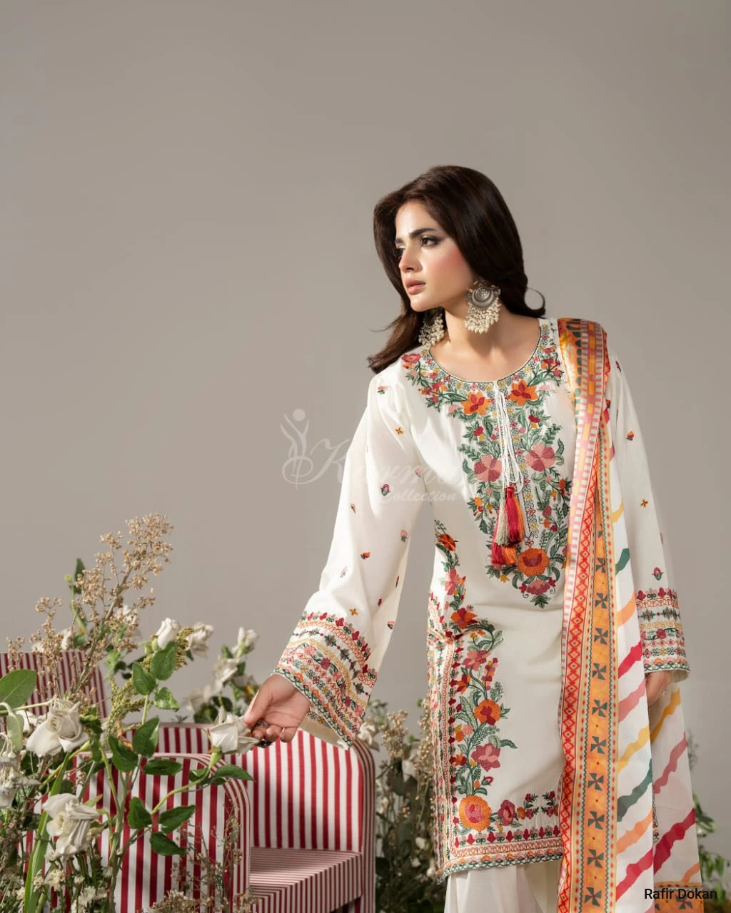 White Farsy Dress Premium Floral Embroidery Collection